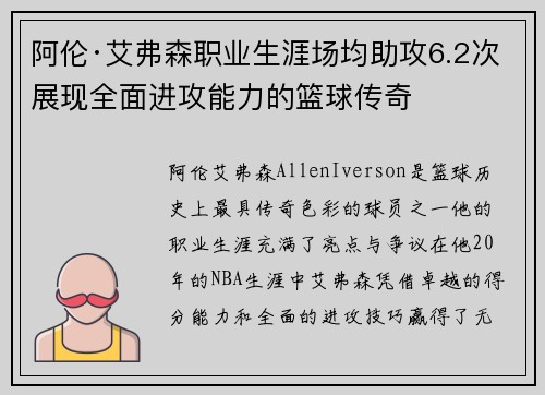 阿伦·艾弗森职业生涯场均助攻6.2次展现全面进攻能力的篮球传奇