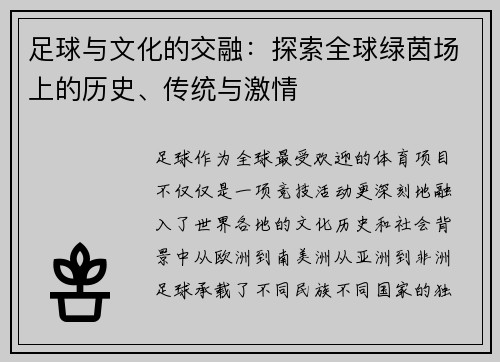 足球与文化的交融：探索全球绿茵场上的历史、传统与激情